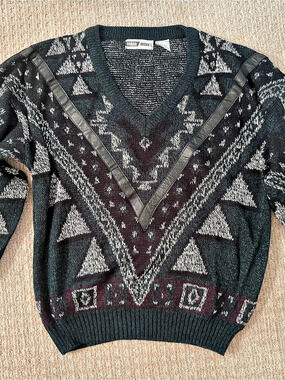 Vintage 80s 90s Urban Works Chevron Leather Trim Geometric Knit Sweater Size L